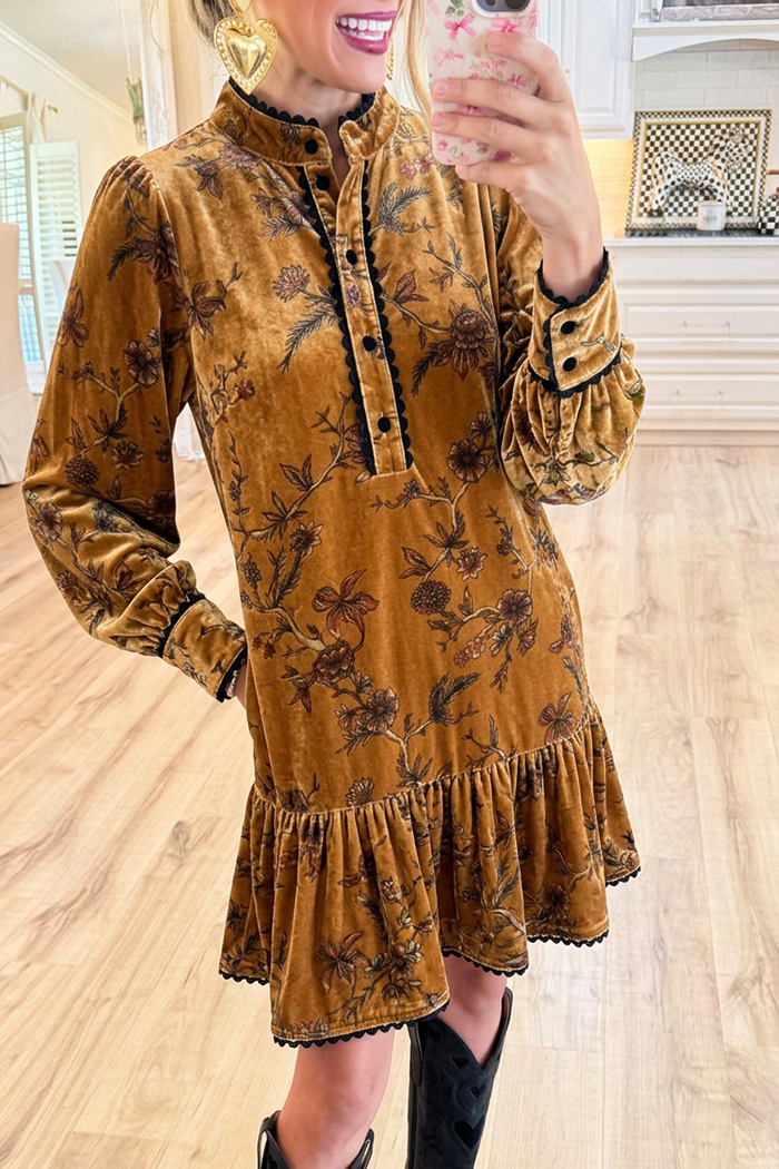 Velvet Floral Half Button Pockets Ruffle Hem Dress