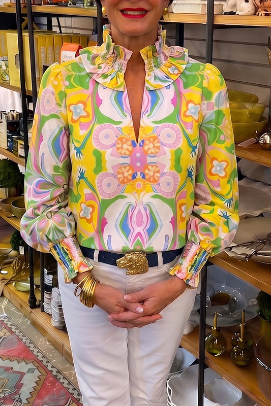 Bold Floral Ruffle Neck Top