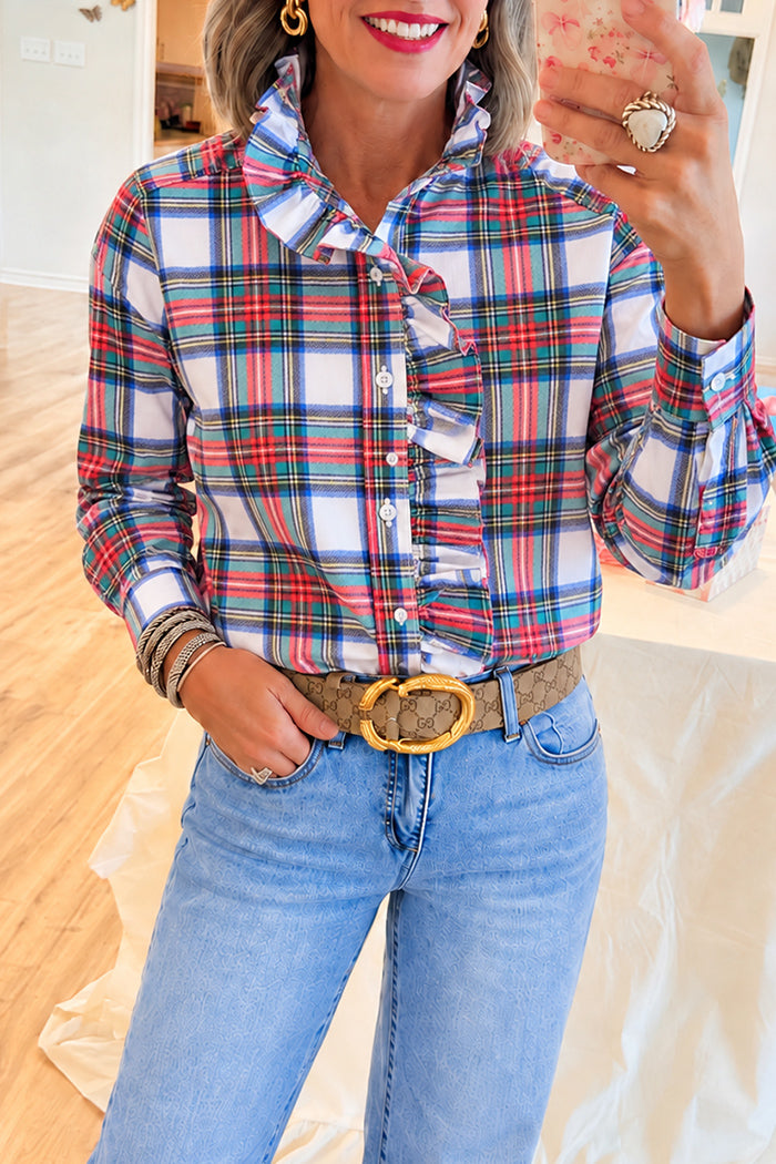 Multi Plaid Ruffle Collar Top
