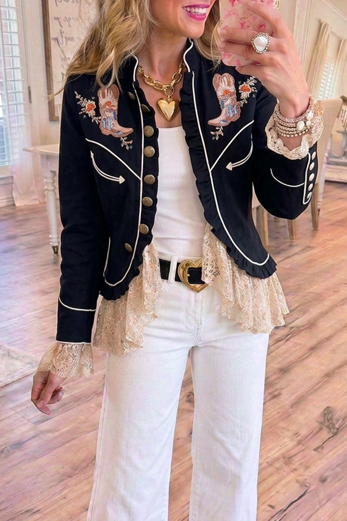 Black Stand Collar Boot Floral Embroidery Lace Ruffle Hem Long Sleeve Jacket