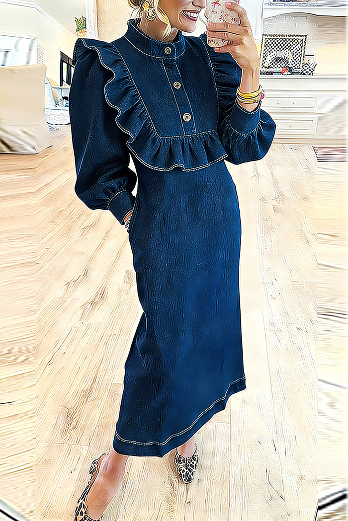Ruffled Mandarin Collar Pocket Denim Maxi Dress