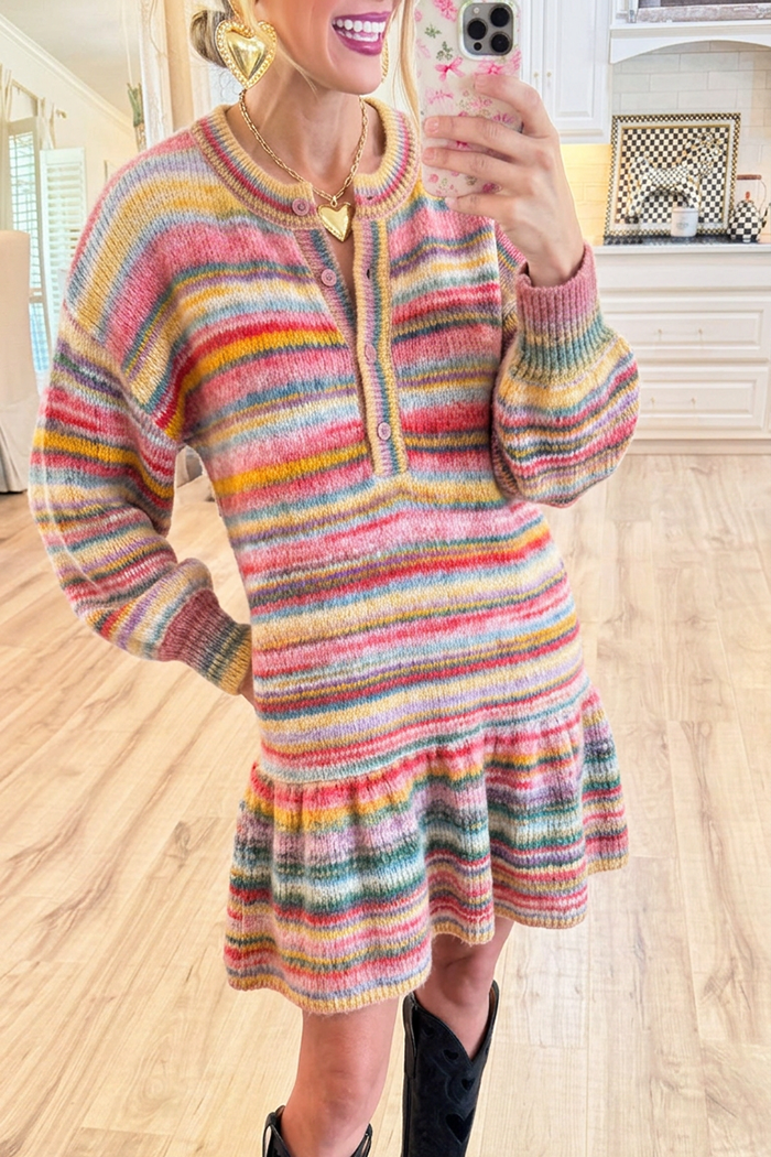 Stripe Half Button Placket Pocket Ruffle Hem Knit Sweater Dress