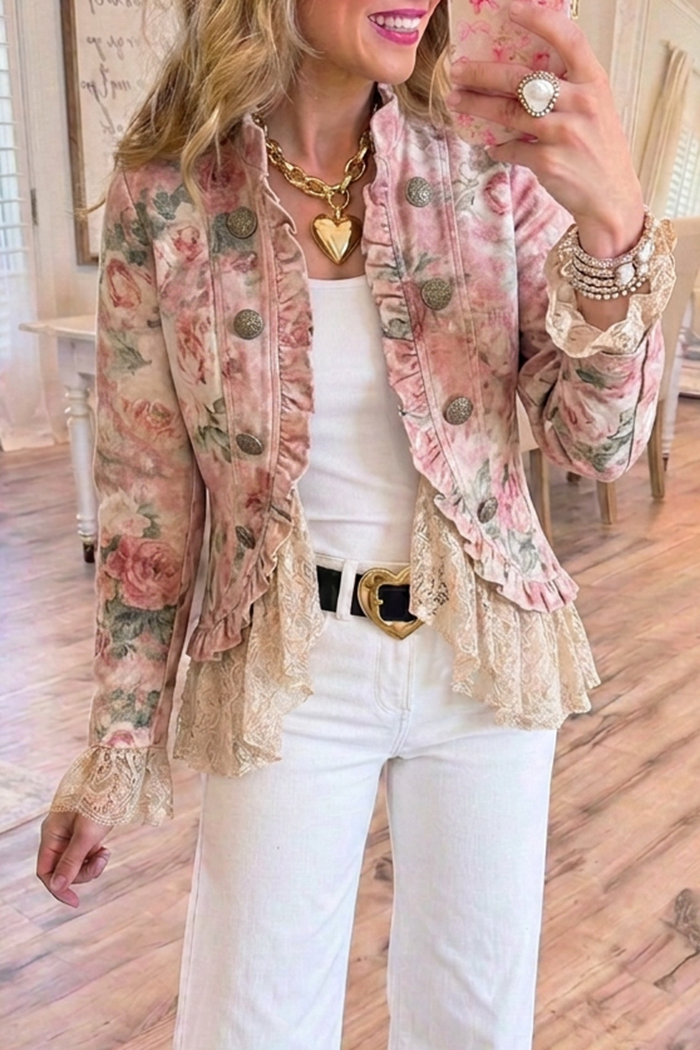 Pink Vintage Denim Rose Floral Lace Ruffle Hem Cropped Jacket