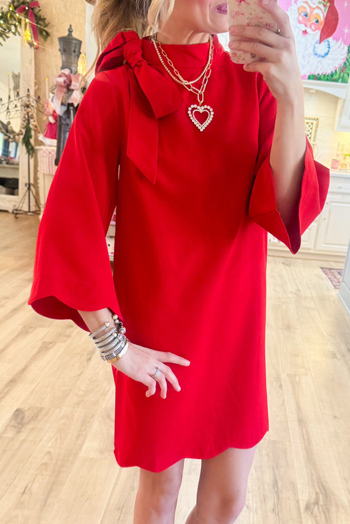 Red Long Sleeves Bow Scallop Hem Dress