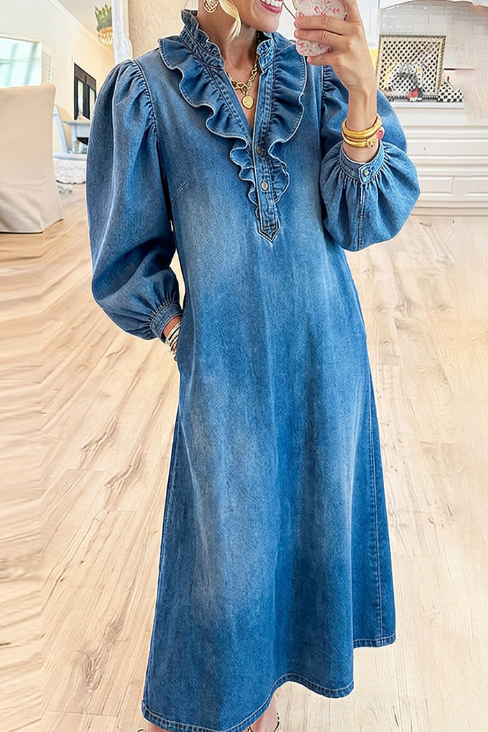 Casual Puff Sleeve Ruffles Denim Dress