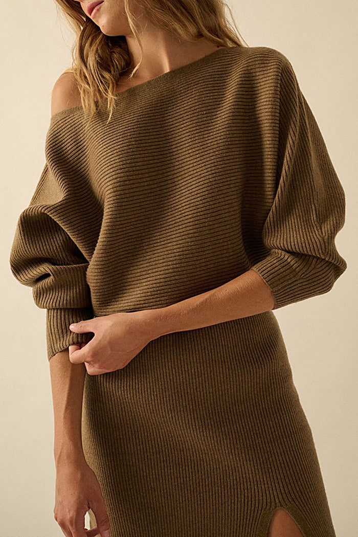 A Ribbed Knit Sweater Midi Dress