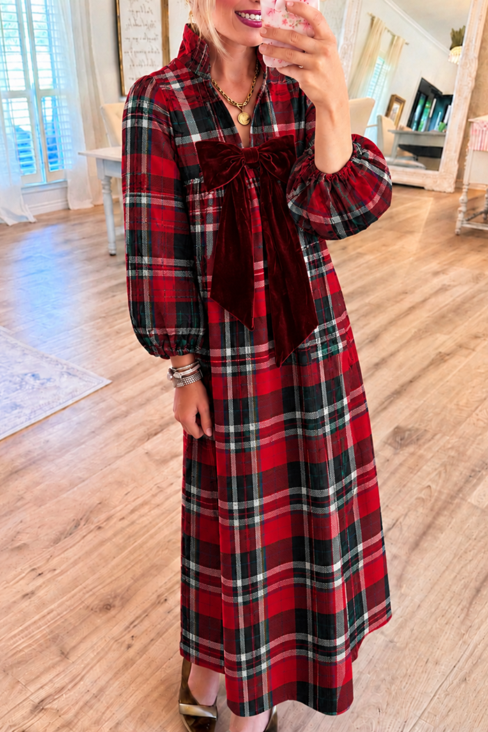 Velvet Bow Red Tartan Plaid Pocket Maxi Dress