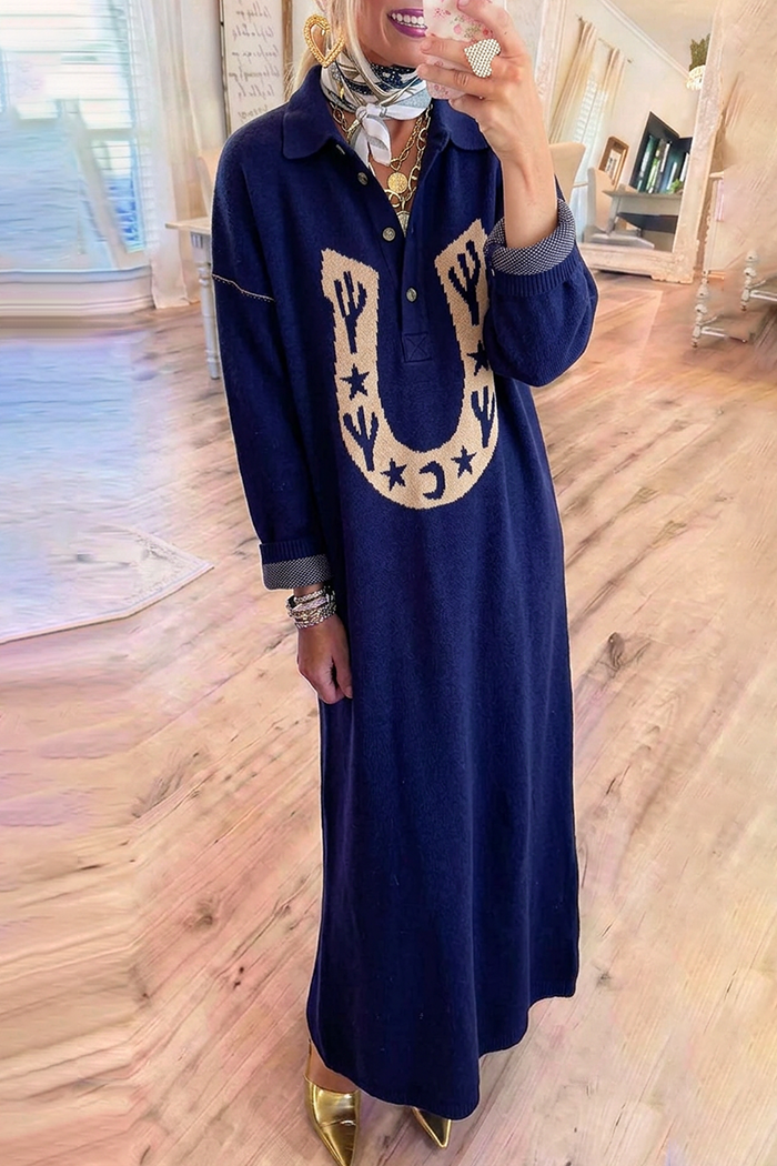 Navy Horseshoe Cactus Motif Long Sleeve Knit Maxi Dress