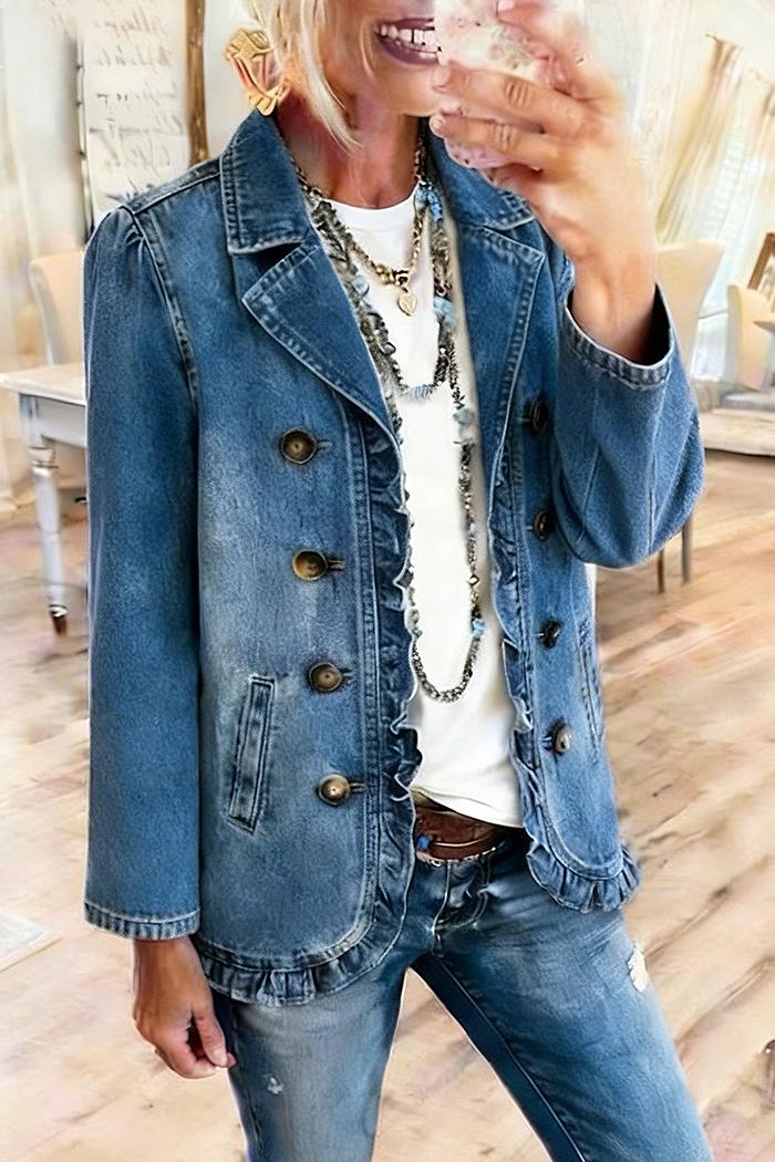 Ruffle Trim Double Breasted Denim Jacket