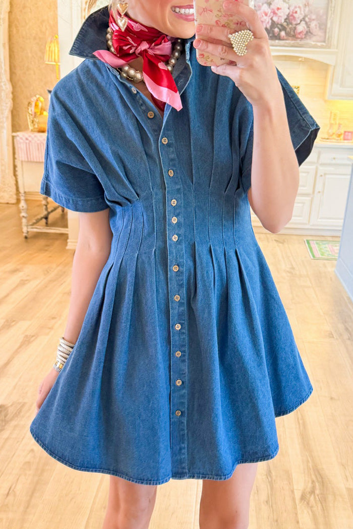 Casual Denim Pleated Button Down Dress