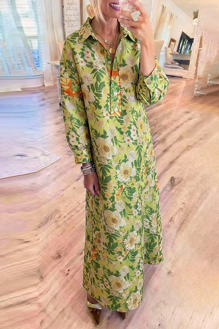 Floral Jacquard Shirt Collar Long Sleeve Pockets Maxi Dress