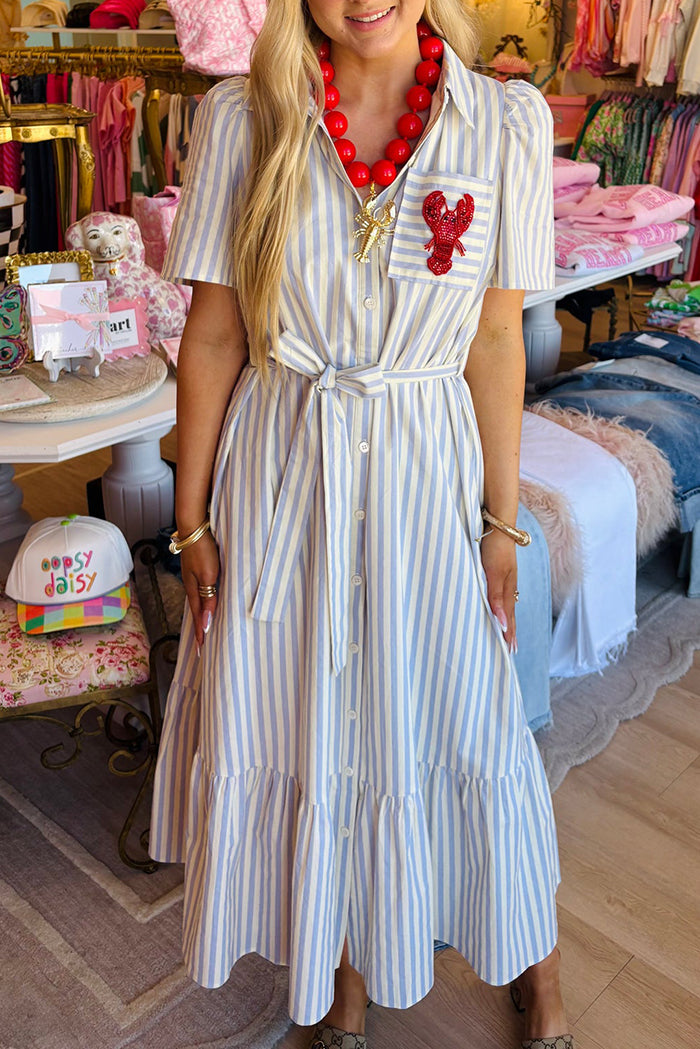 Sky Blue Stripe Ruffle Hem Dress
