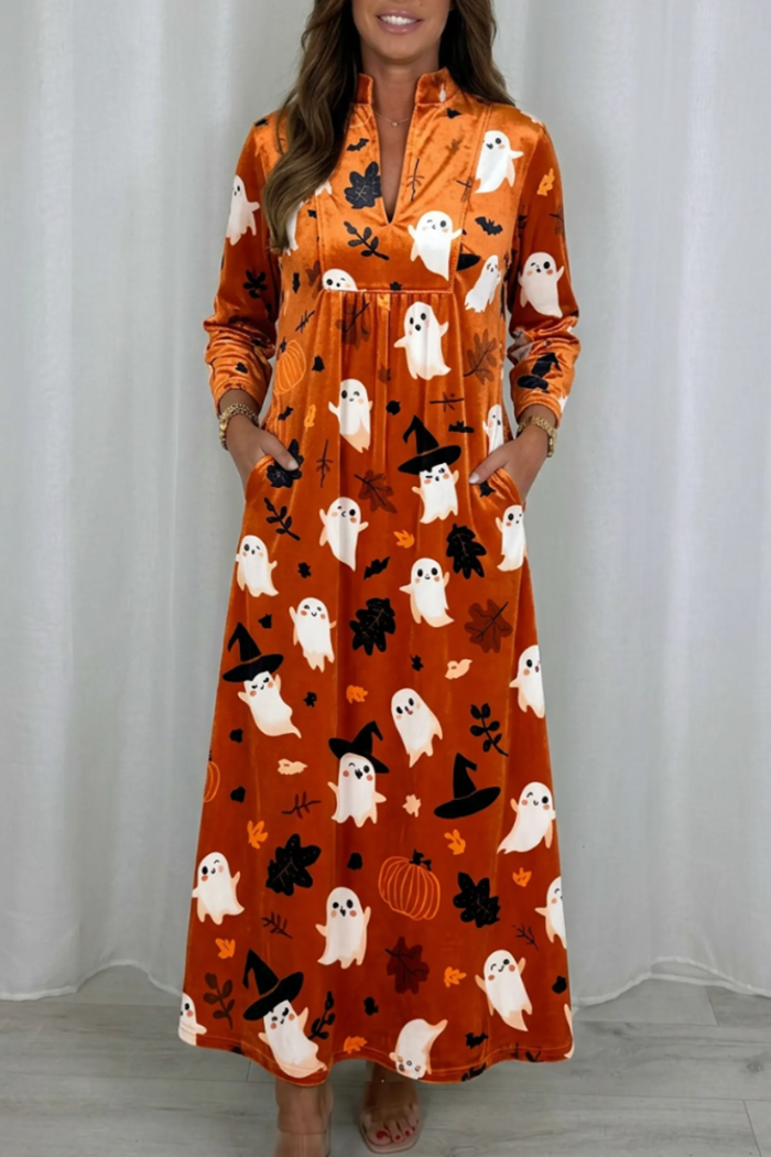 Halloween Ghost Motif Velvet Pockets Maxi Dress