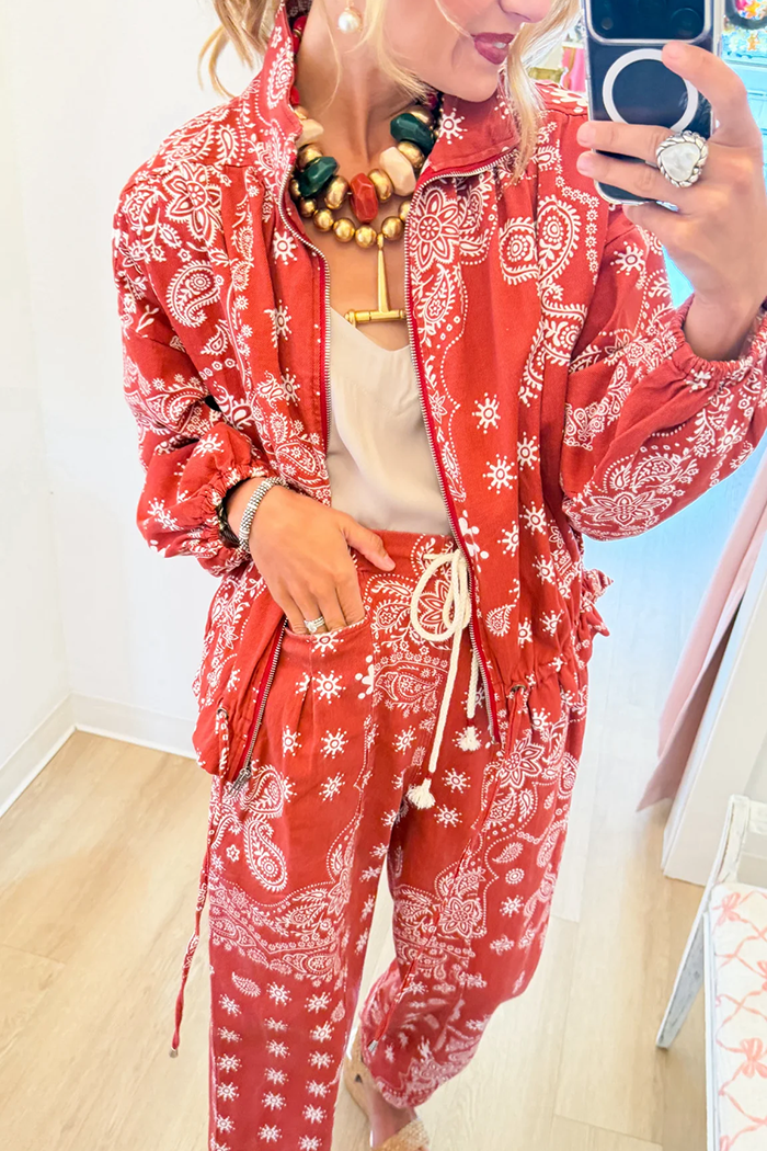 Red Paisley Print Bomber Jacket