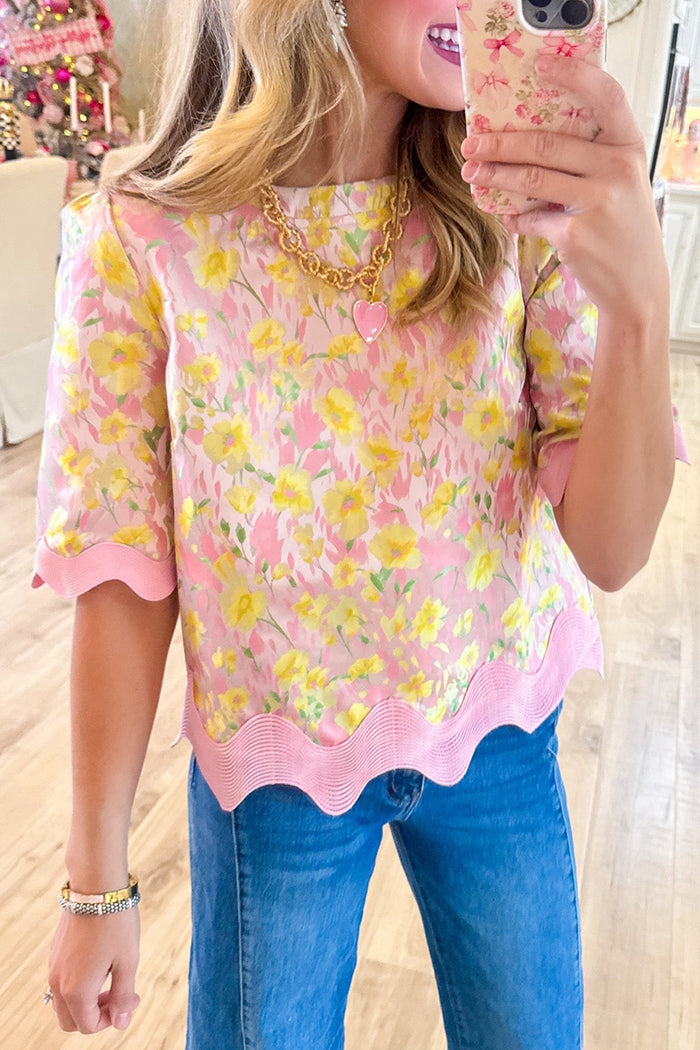 Pink Floral Wavy Trim Top