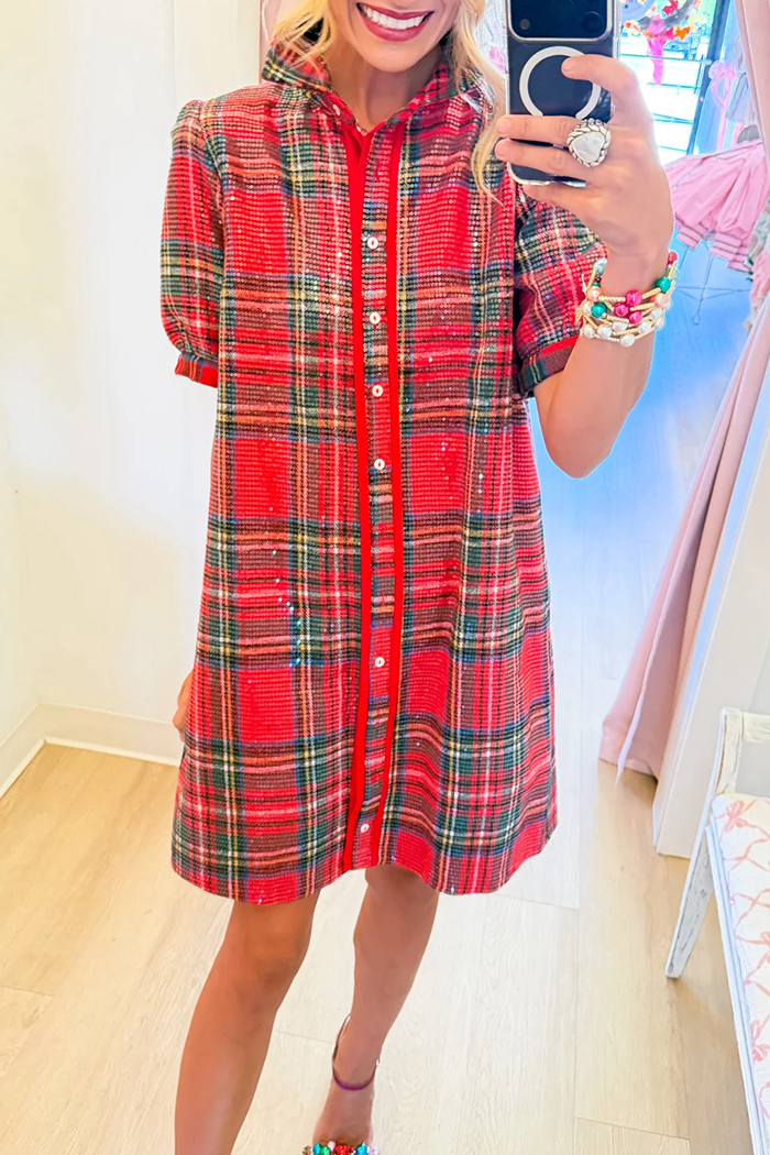 Red Plaid Sequin Short Puff Sleeve Dress