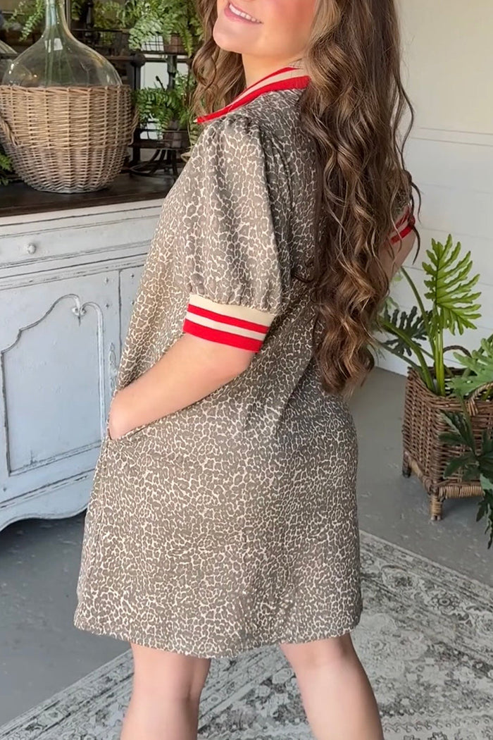 Leopard Print Collared Short Sleeve Dress