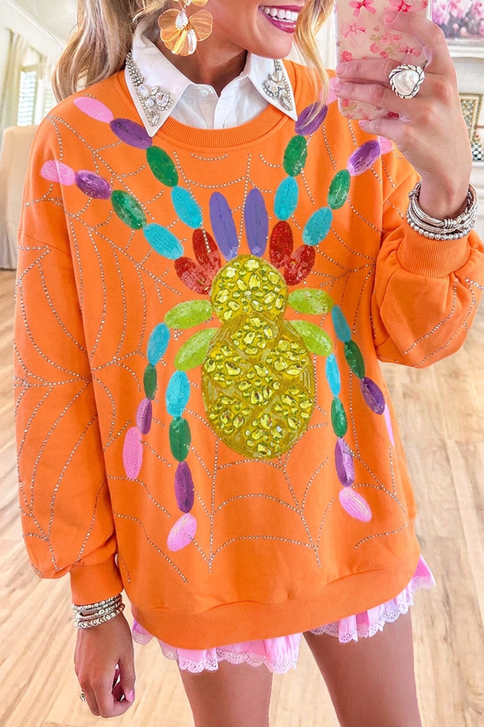 Orange Spider Motif Rhinestone Web Long Sleeve Sweatshirt