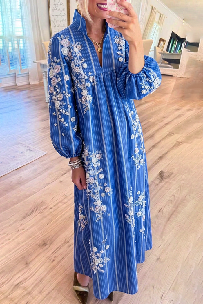 Striped Floral Embroidery Stand Collar Balloon Sleeves Pockets Maxi Dress