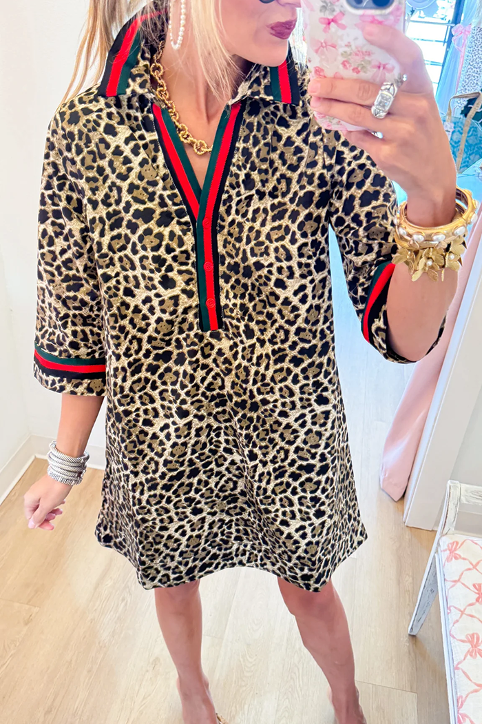 Leopard Contrast Stripe Pocket Dress