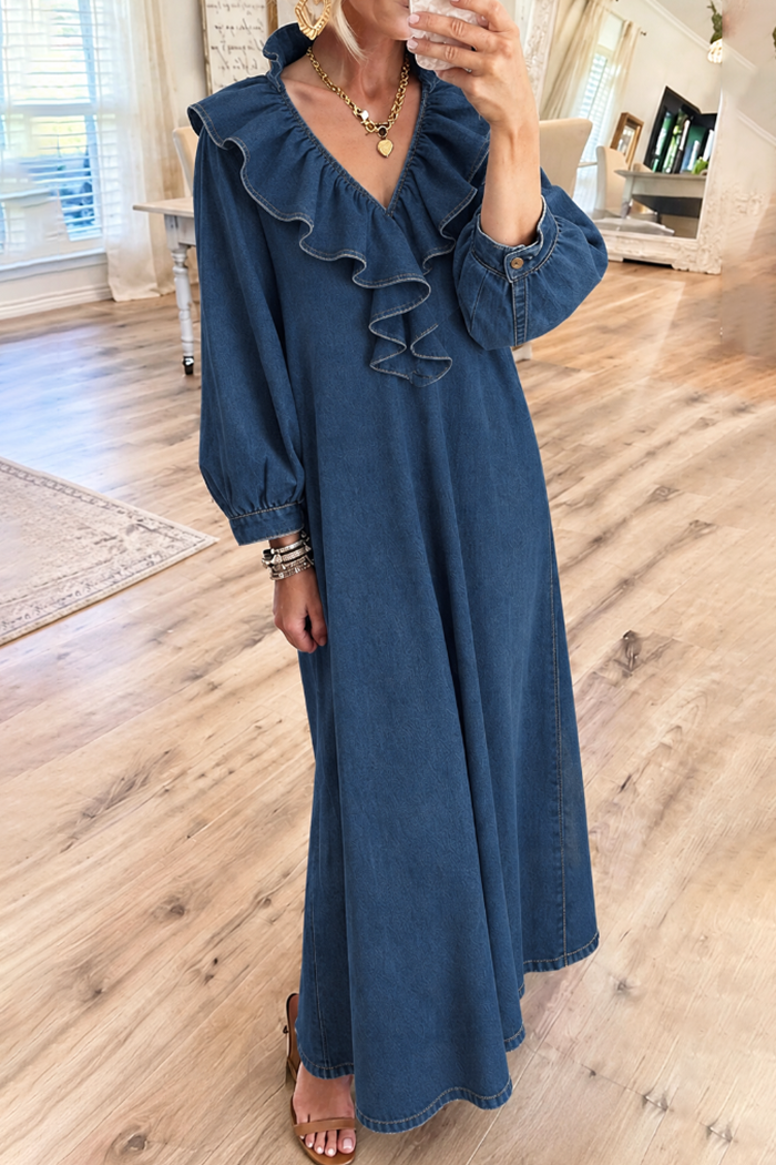 Ruffle Neck Balloon Sleeve Denim Pockets Maxi Dress