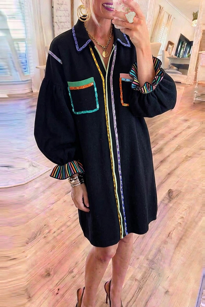 Black Collared Colorful Contrast Trim Balloon Ruffle Cuff Pockets Knit Dress