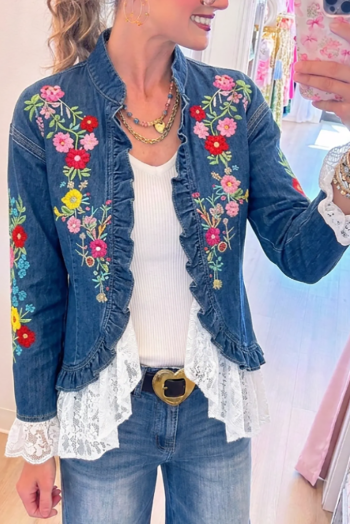 Casual Embroidered Lace Splicing Denim Jacket