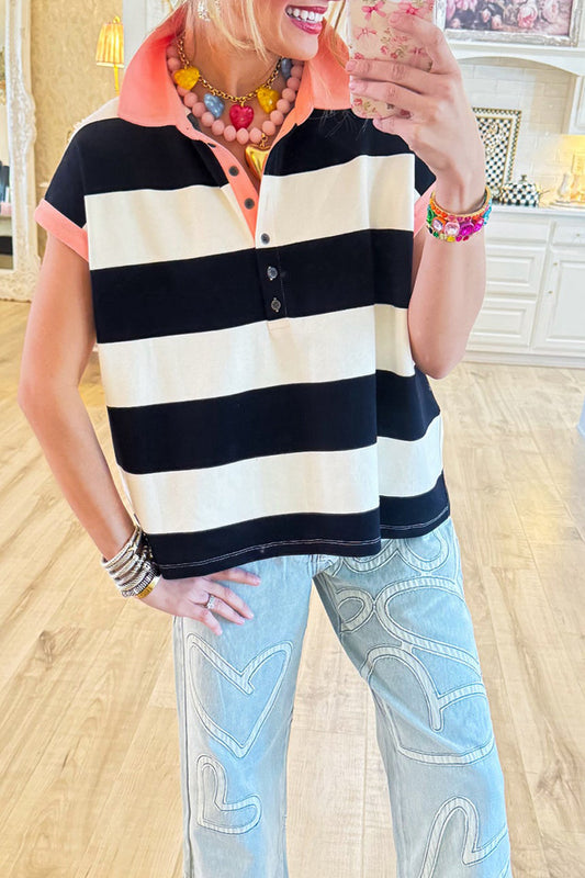 Contrast Stripe Collared Short Sleeve Top