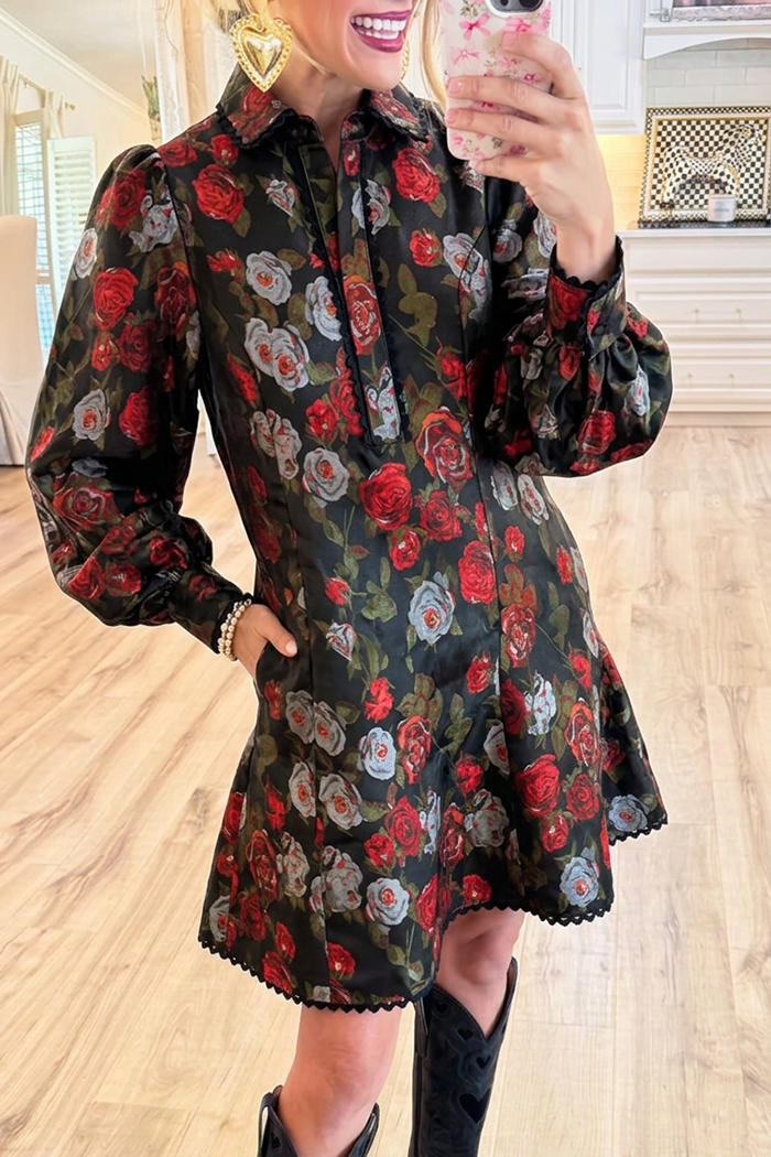 Black Rose Floral Collared Puff Long Sleeve Pocket Dress