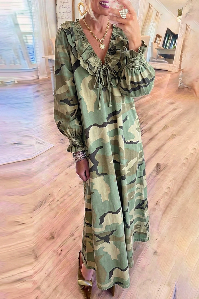 Camo Balloon Sleeve Ruffle Maxi Dress