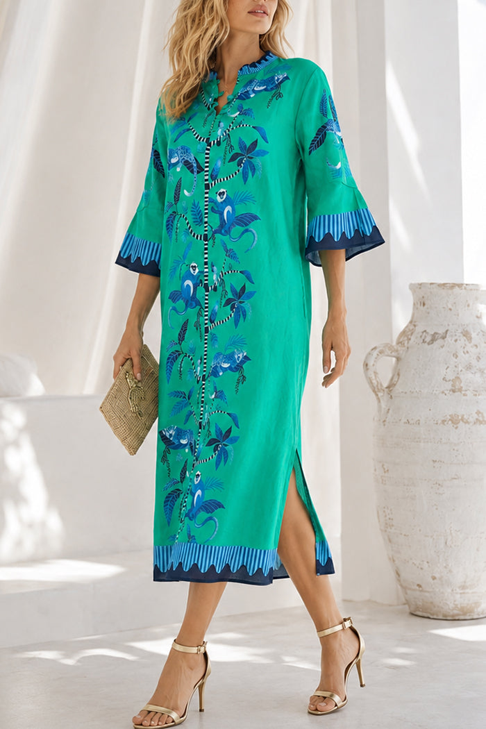 Printed Pocket Split Hem Bell Sleeve Dress