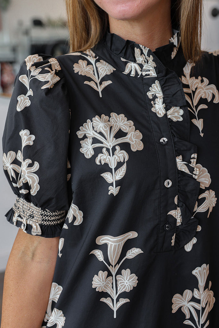 Floral Pattern Buttoned Ruffle Collar Pockets Dress