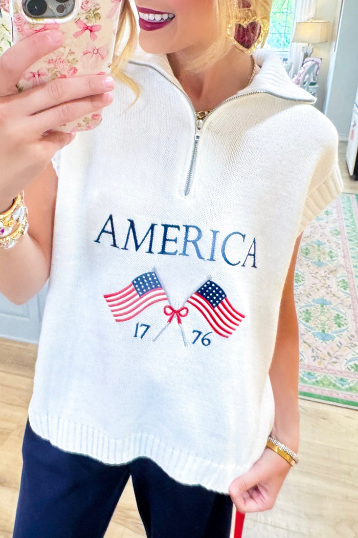 Half Zip America Sleeveless Sweater Top