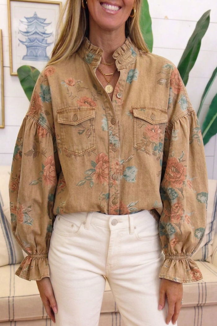 Tan Floral Denim Ruffle Collar Puff Sleeve Top