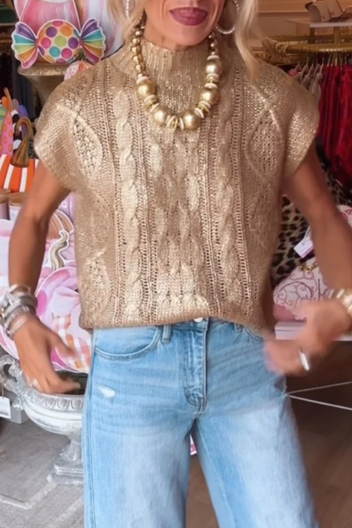 Gold Metallic Mock Neck Cable Knit Cap Sleeve Sweater Top