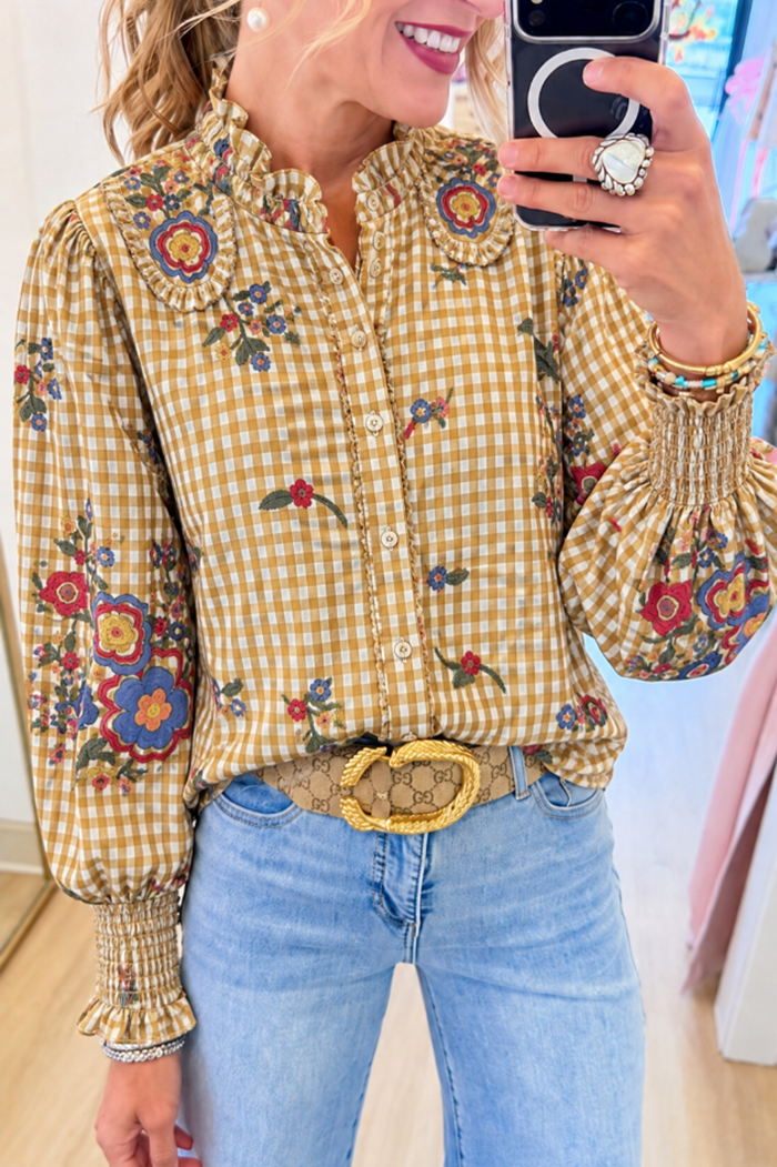Mustard Ruffle Neck Floral Top