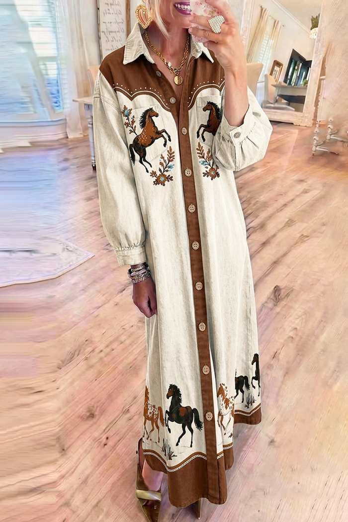 Denim Collared Puff Sleeve Chest Pocket Horse Embroidery Maxi Dress