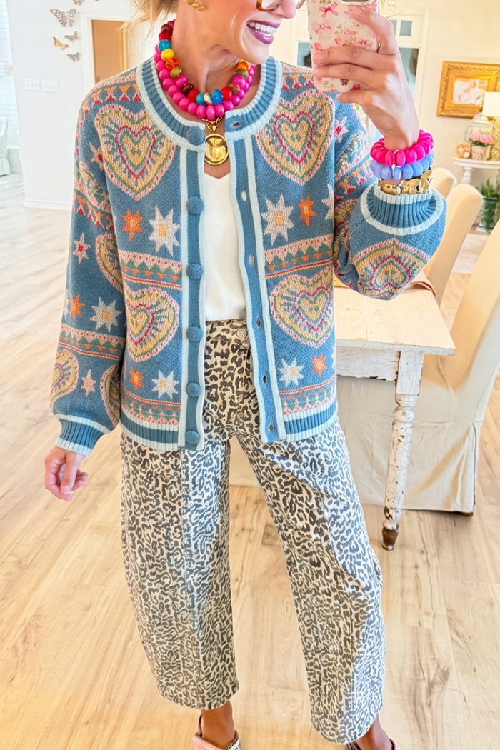 Colorful Heart Knit Round Neck Cardigan