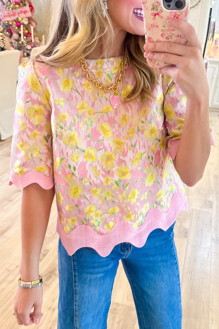 Pink Floral Wavy Trim Top