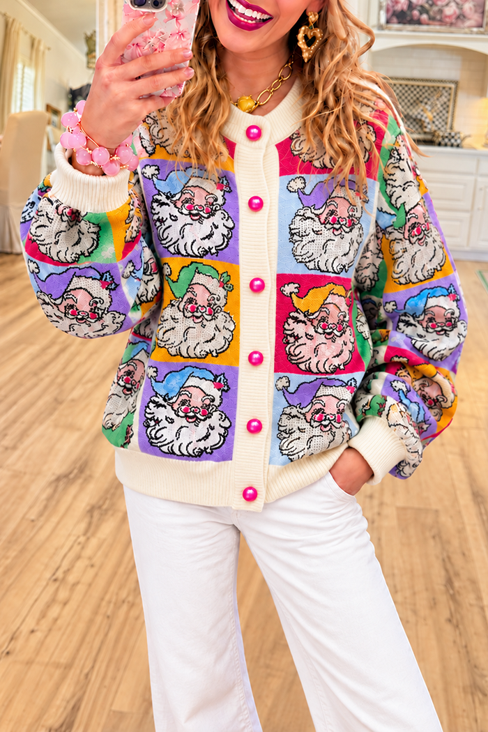 Santa Pattern Ribbed Trim Knit Cardigan
