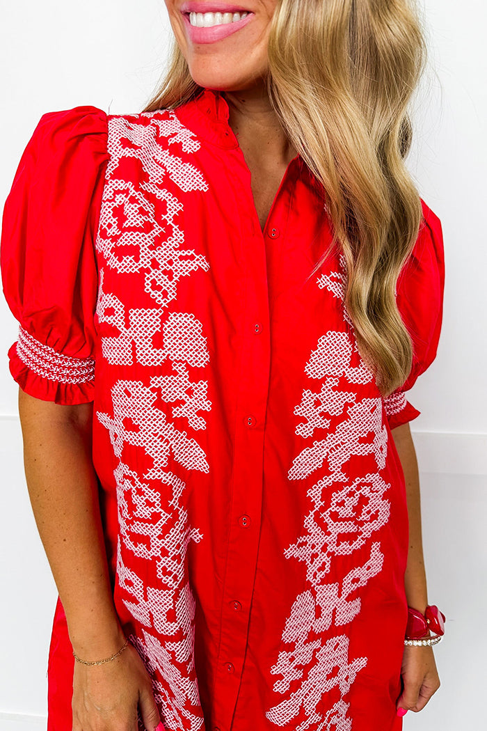 Ruffled Collared Puffed Cuffed Paneled Shirt Dress