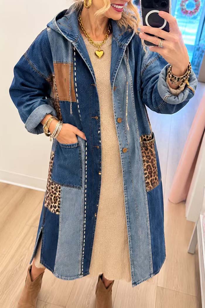 Hooded Patchwork Long Denim Coat