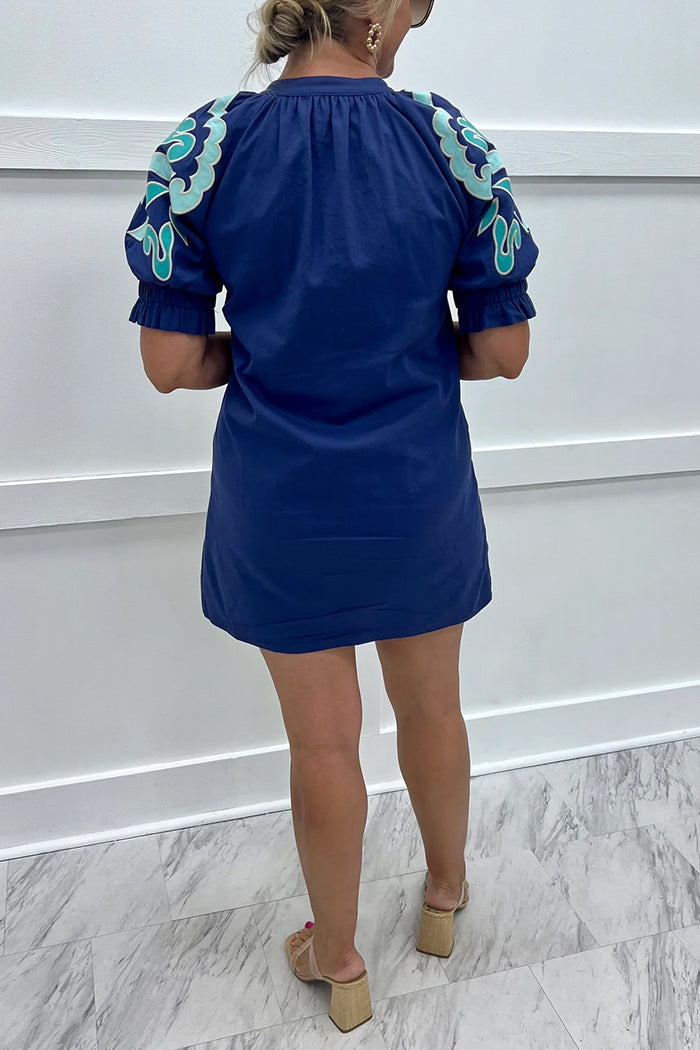 Puffed Sleeve Contrast Geometric Dress