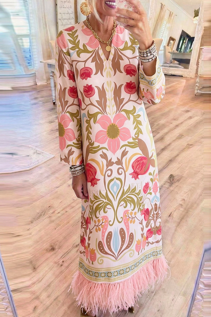 Pomegranate Floral Long Sleeve Fringe Hem Maxi Dress