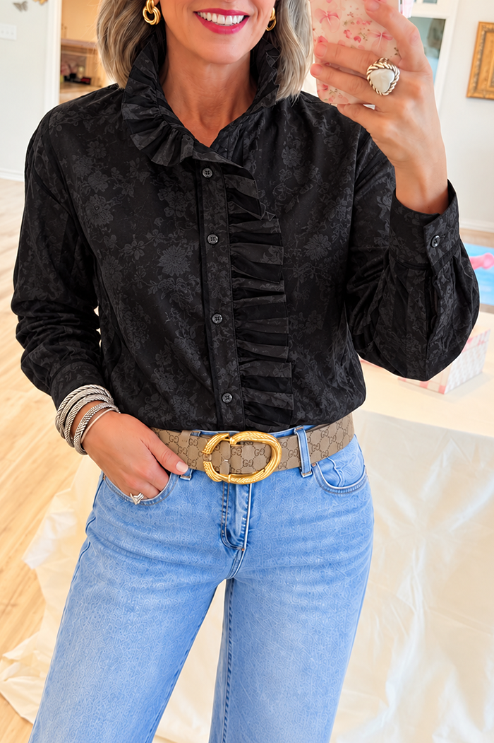 Casual Black Floral Print Ruffle Shirt