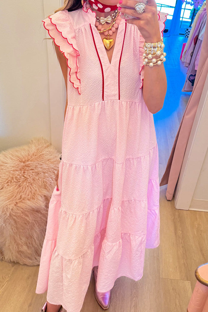 Seersucker Ruffle  Midi Dress