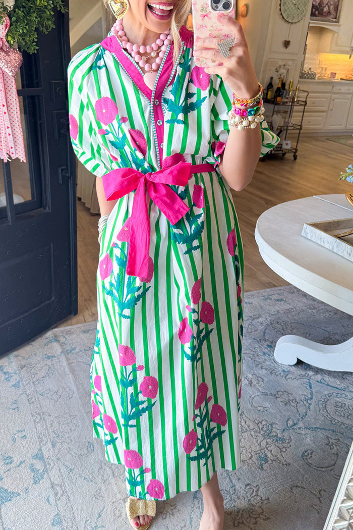 Stripe Floral Pocketed Maxi Dress