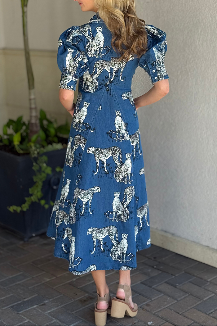 Navy Cheetah Pocket Puff Sleeves Dress