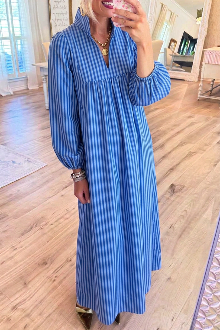 Striped Stand Collar Balloon Sleeves Maxi Dress