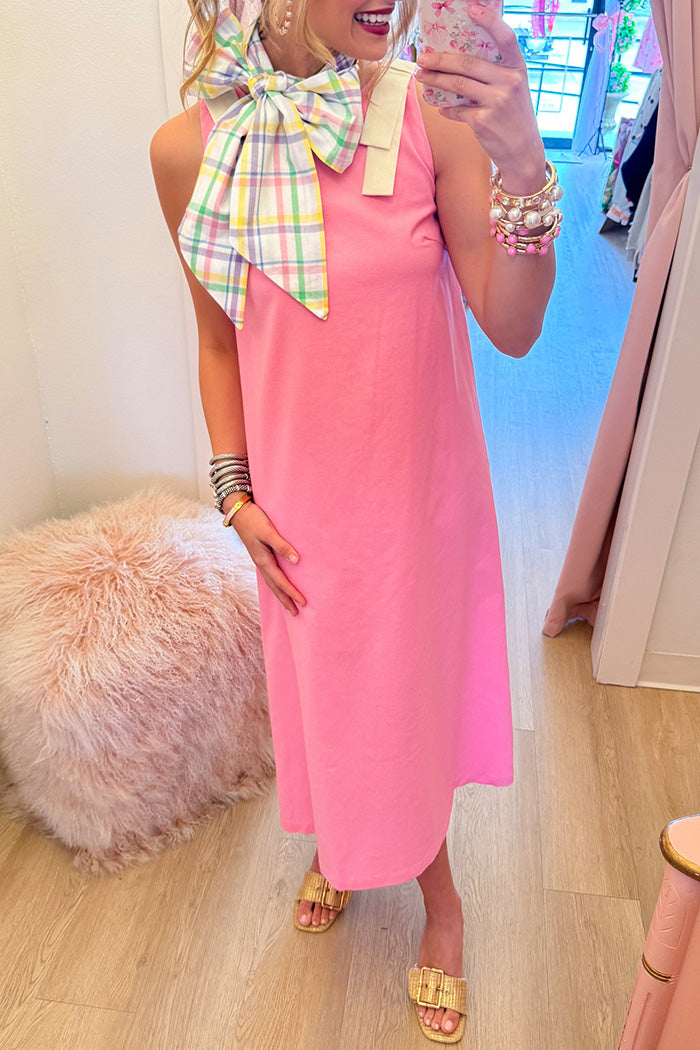 Contrast Bow Sleeveless Midi Dress
